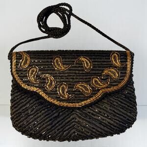 Vintage 80s La Regale Beaded Paisley Evening Bag Black Gold Clutch Shoulder Bag
